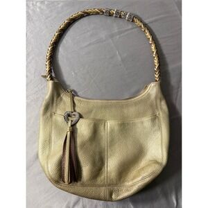 Brighton Metallic Gold Pebbled Leather Hobo Bag Braided Strap Heart Tassel Charm